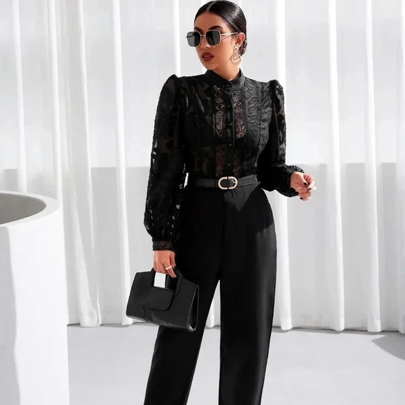 Contrast Lace Lantern Sleeve Mock Neck Going Out  Black Shirt Withou - Picture 4 of 7